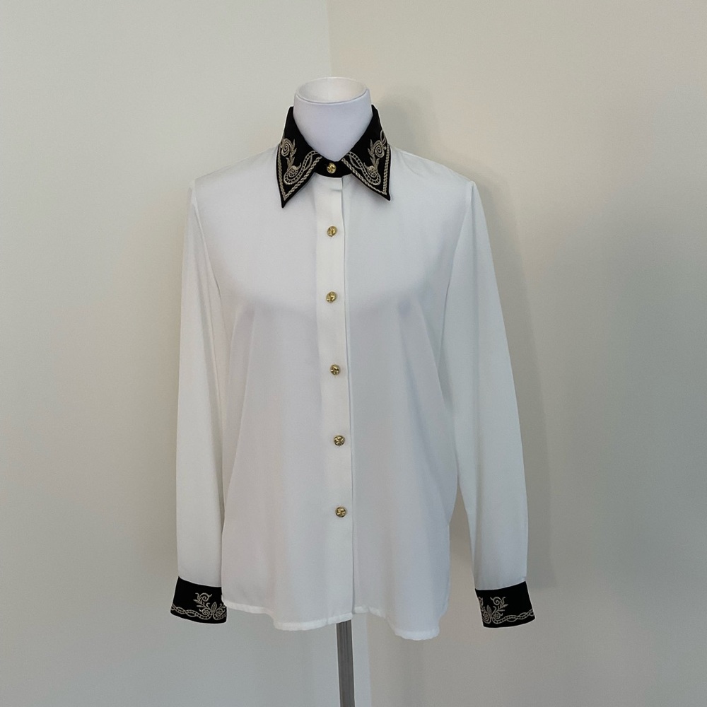 Vintage Cathy Che Elegant White Blouse with Black Accents